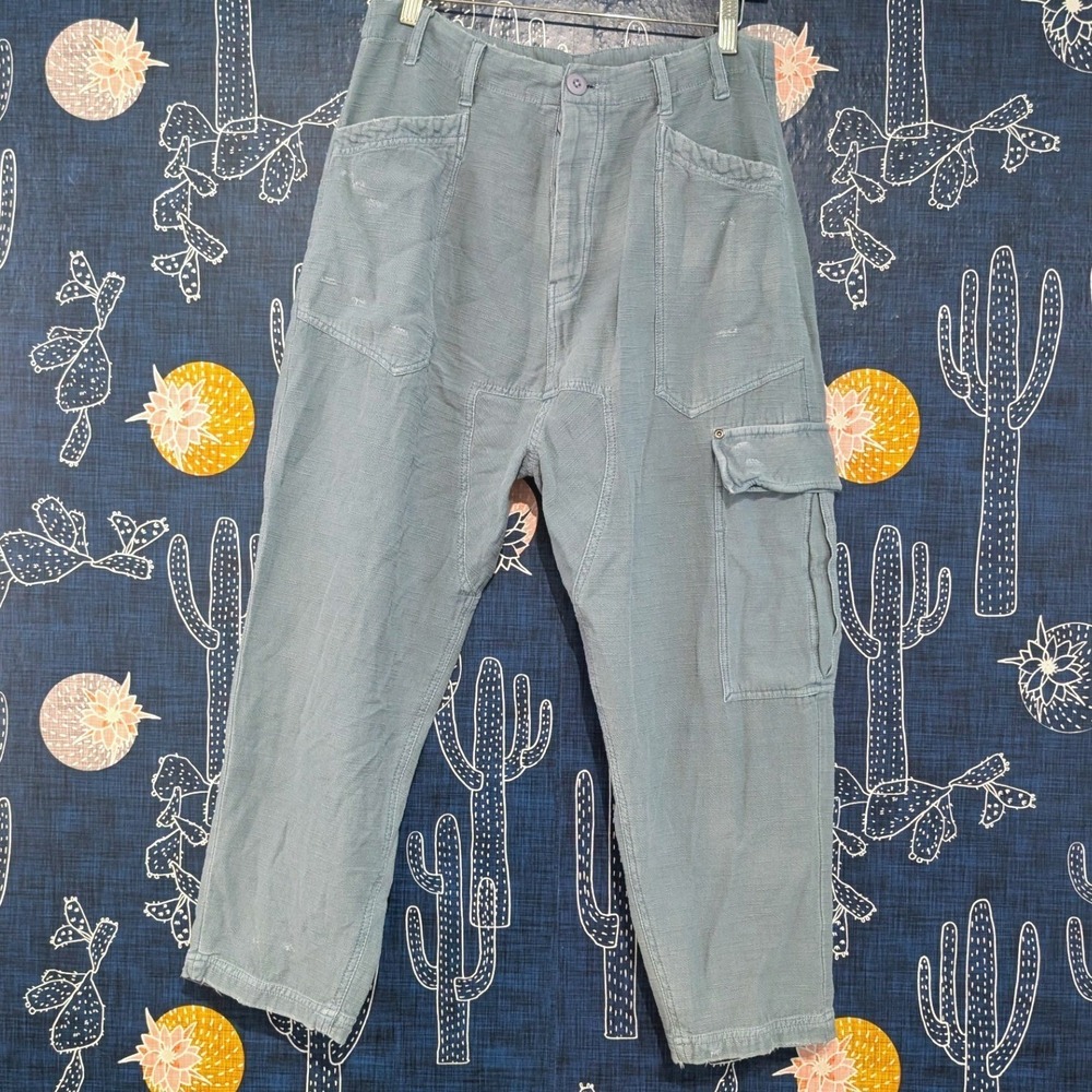 Free People Blue Grey Slub Texture Utility Cargo Pants XS Relaxed Tapered Leg - Picture 5 of 13